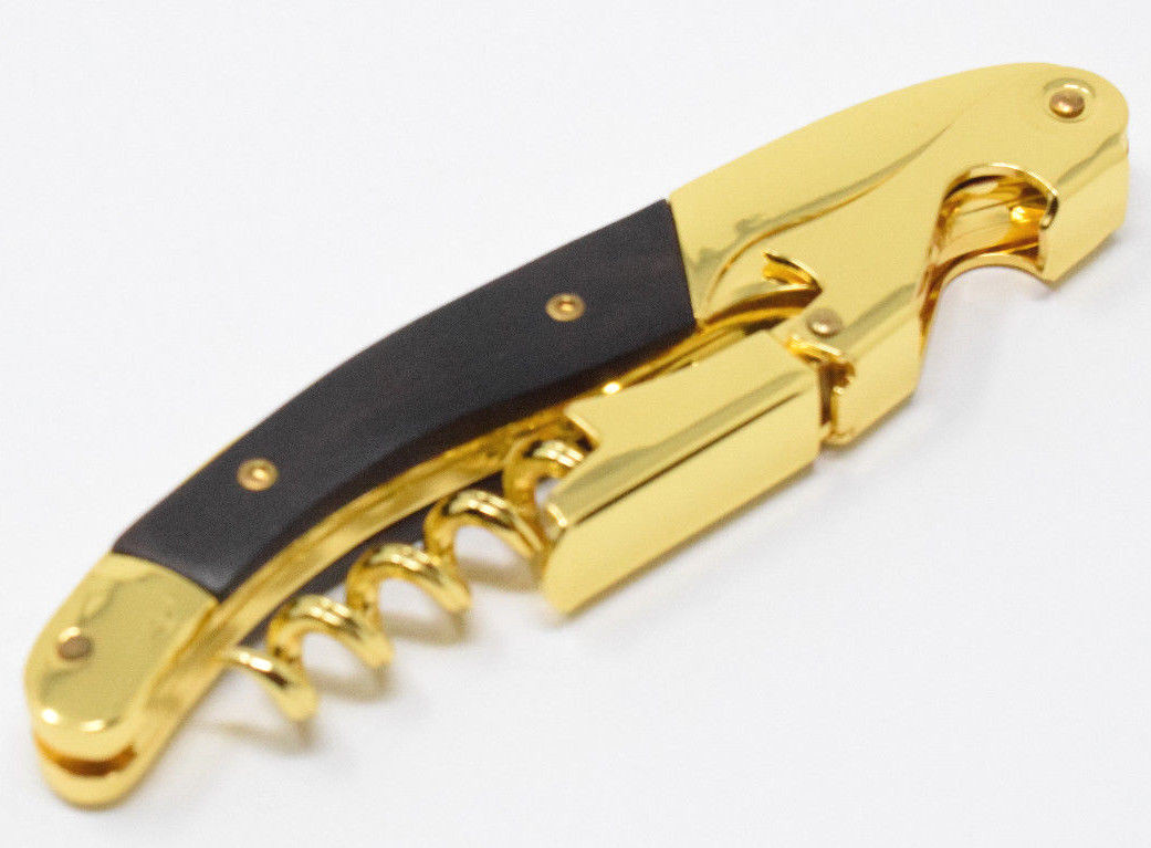 Gold Plated Black Wood Handle Corkscrew Double Hinge Waiters Wine Bottle Opener
