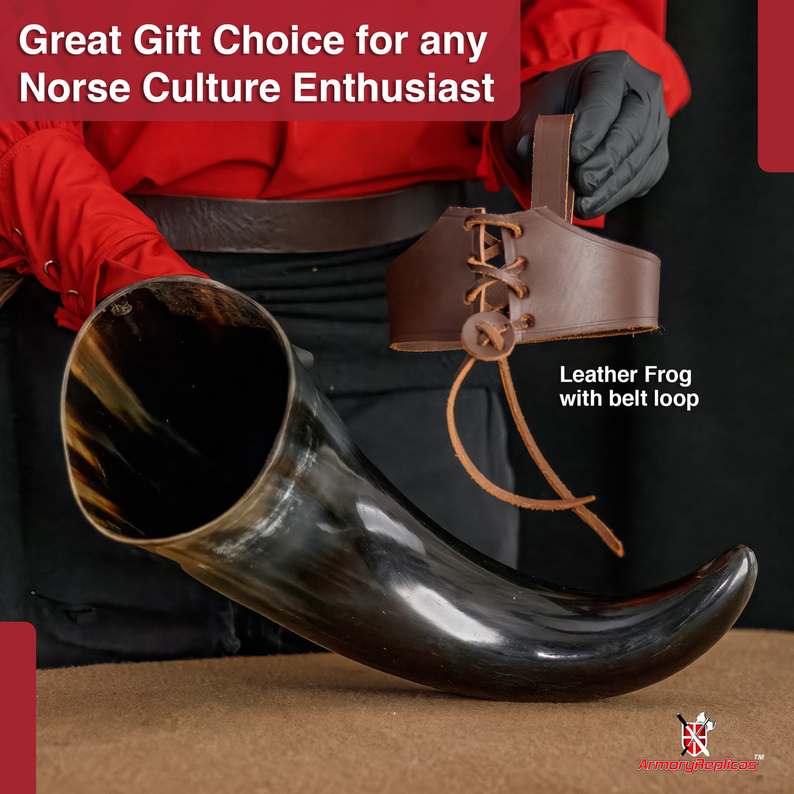 XL Viking Drinking Horn 23" w/ Brown Leather Belt Frog 1400ml Medieval Horn Cup