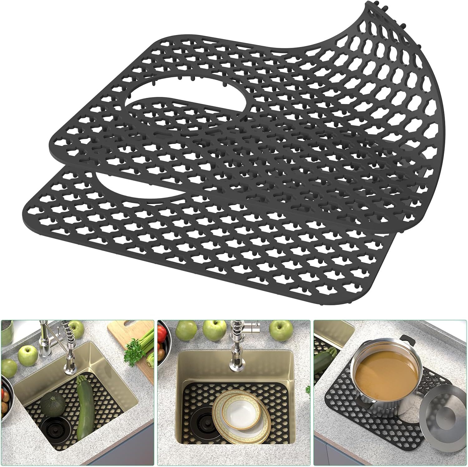 2PCS TOOVEM Kitchen Sink Mats Folding Farmhouse Rear Drain Sink Mats 13.6x11.6''