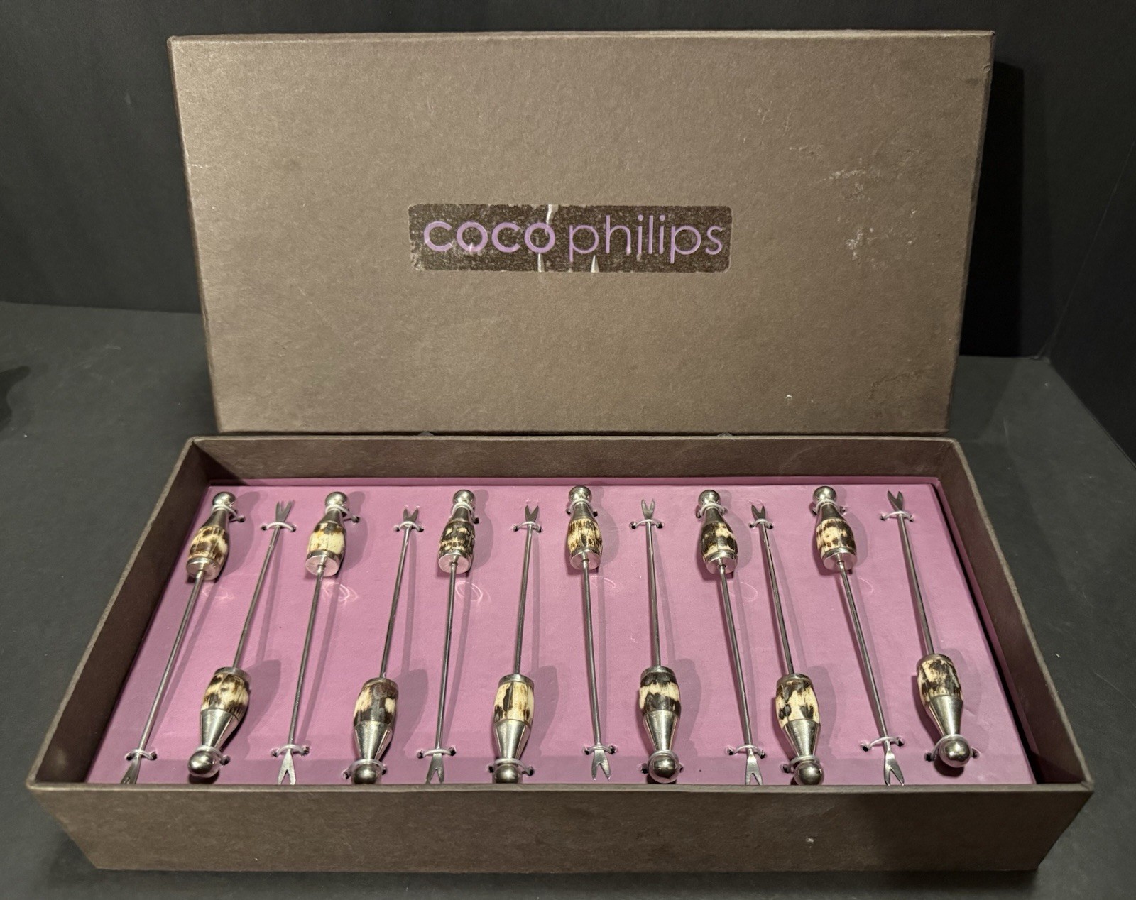 VTG ~ Coco Philips~ Cocktail Picks Silver-Tone Metal w/Bone Handles ~ Set of 12