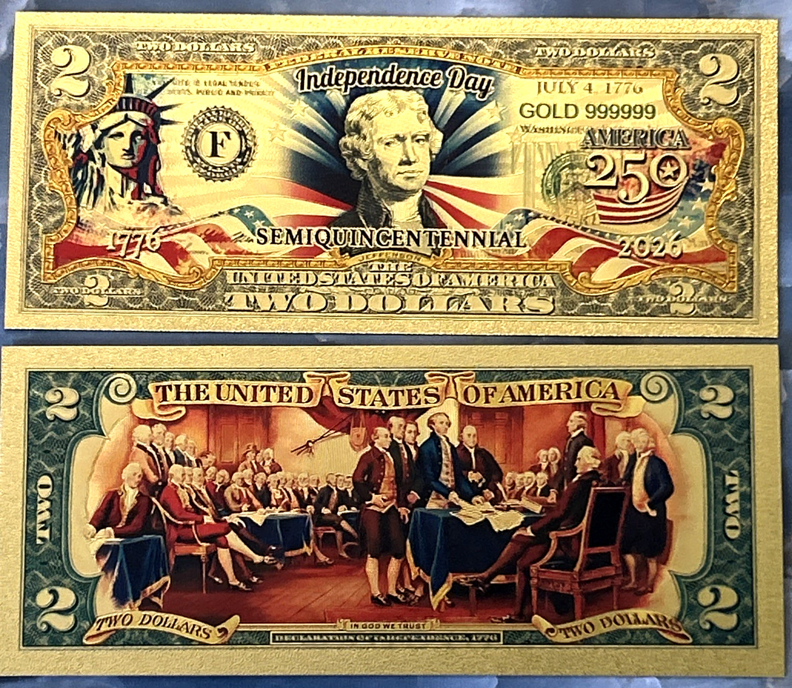 USA 250th Anniversary $2 Banknote 24K GOLD Plated Foil Rep. Collection Bill