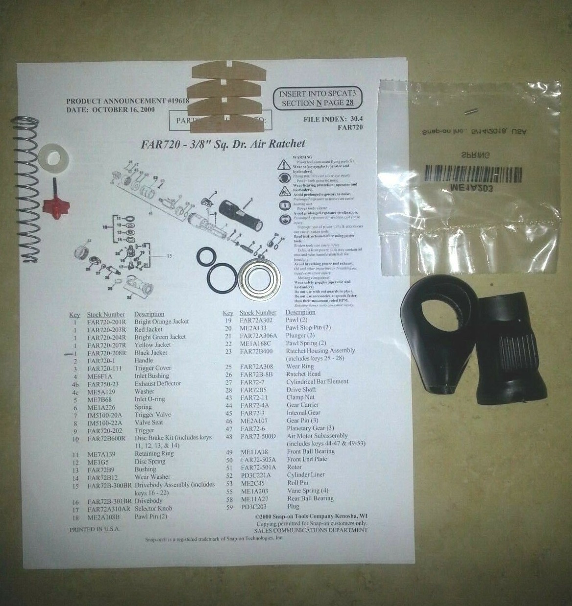 SNAP ON FAR720 + FAR750 AIR RATCHET VANE KIT, TRIGGER VALVE KIT, BUTTON COVER