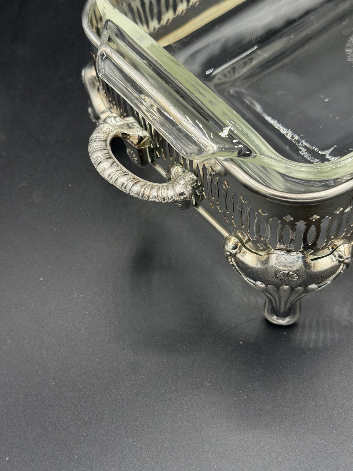 Vintage Silver plate Casserole Dish Handled Footed Stand with Fire King 432 Dish