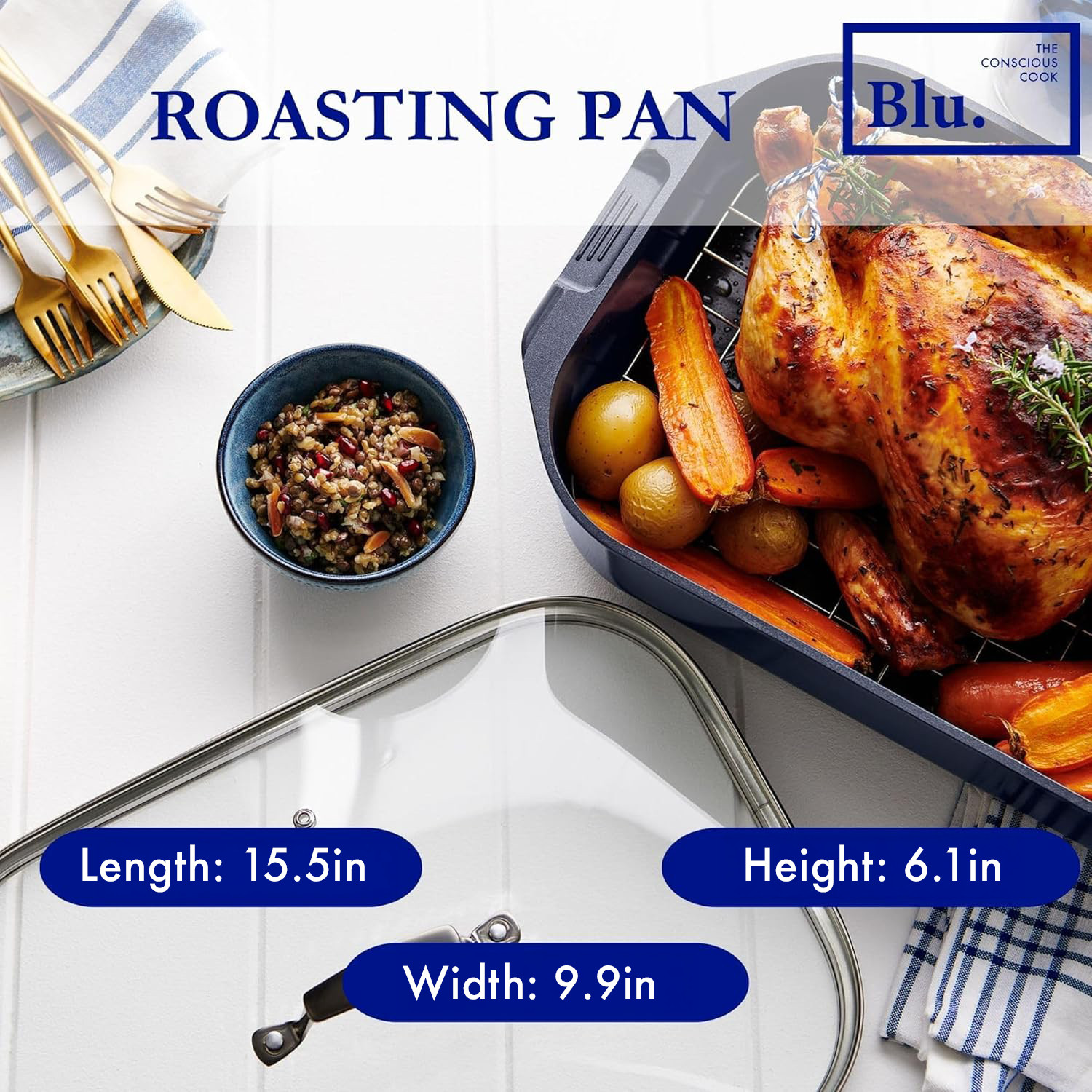 Blu. Cookware Roasting Pan with Lid and Roasting Rack, Non-Toxic, Non-Stick