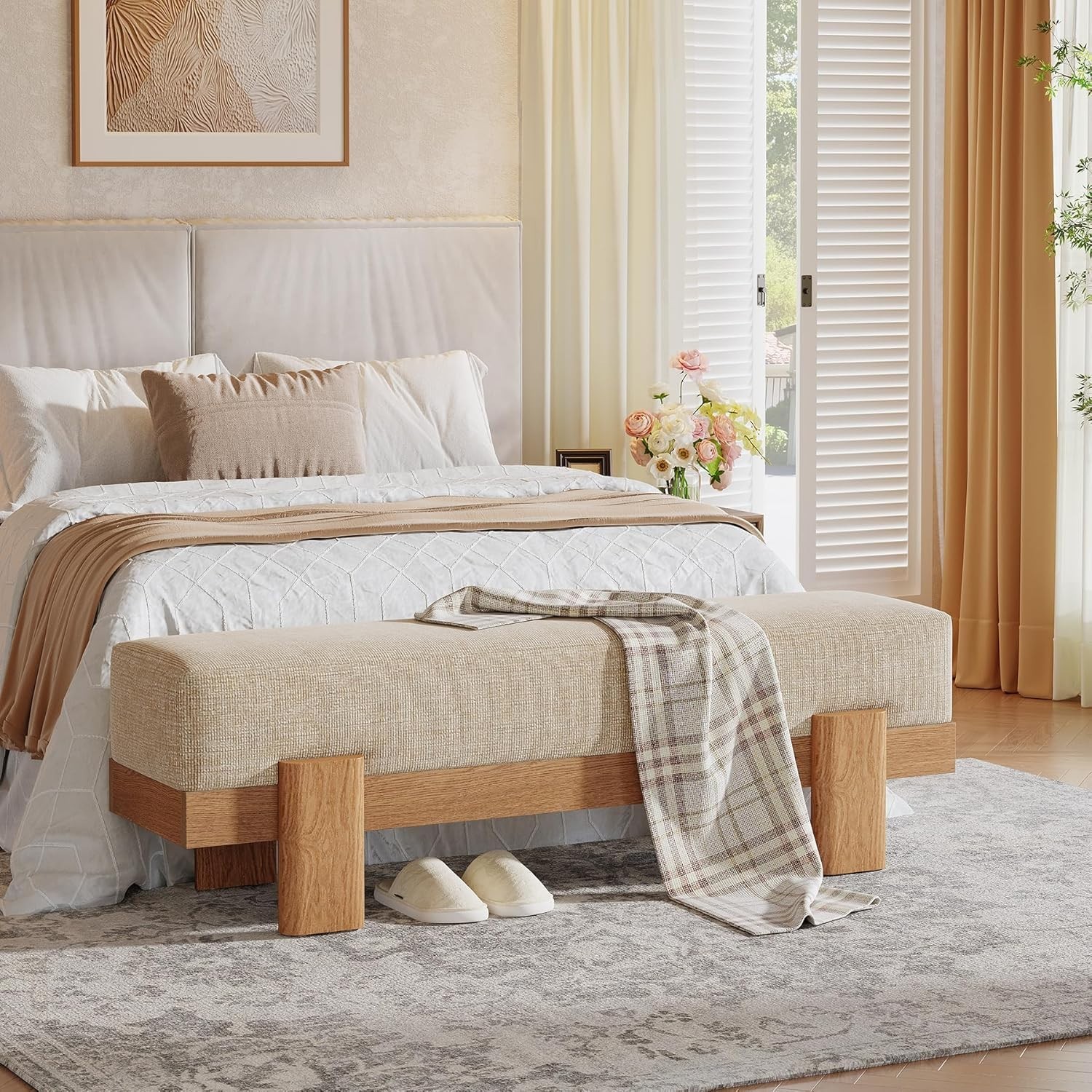 55-Inch Upholstered Entryway Bench, Modern Shoe Bench with Fabric Padded Seat