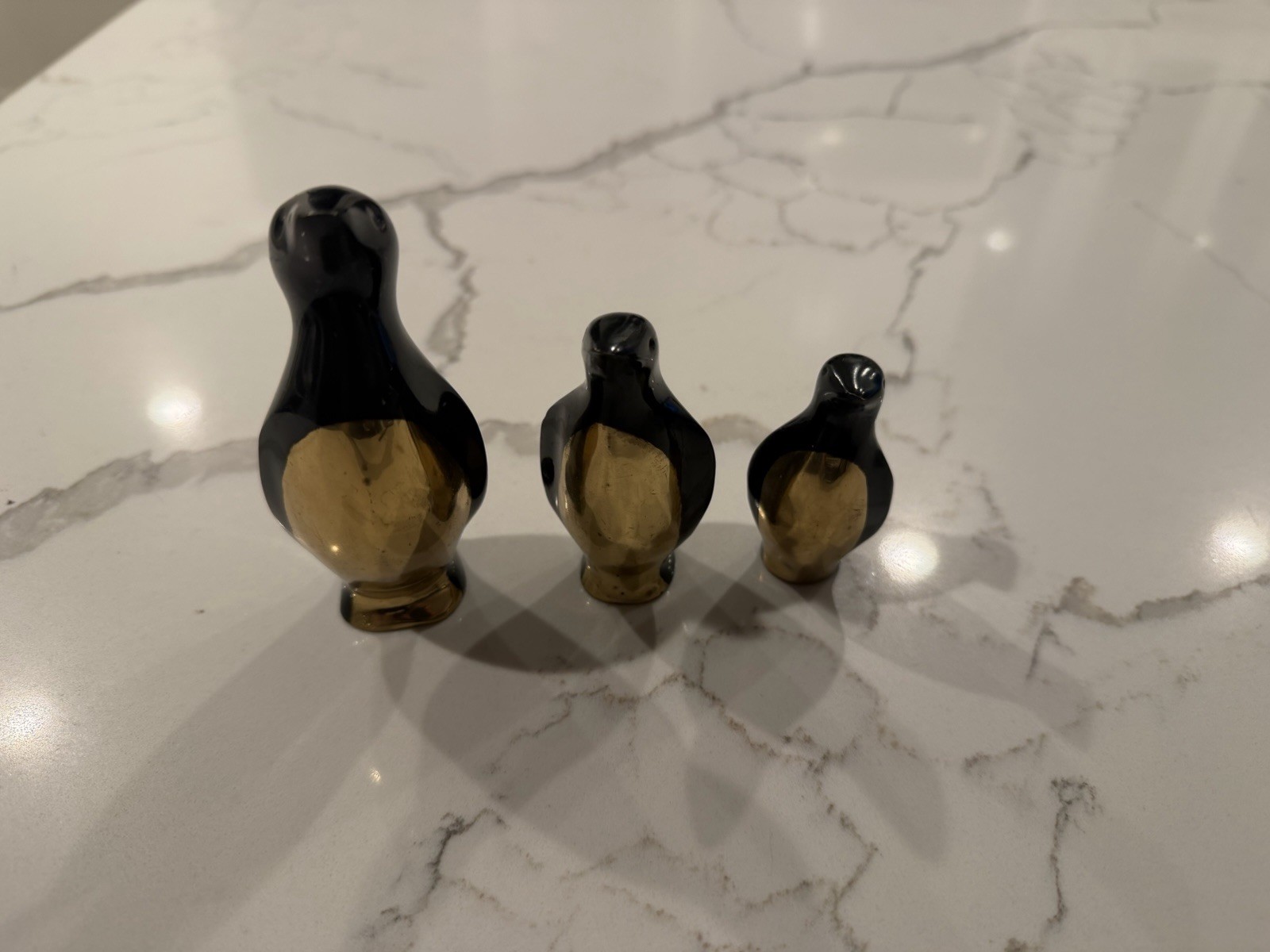 Vintage Brass & Enamel Penguin Figurines Set of 3 Black & Gold Mid Century Style