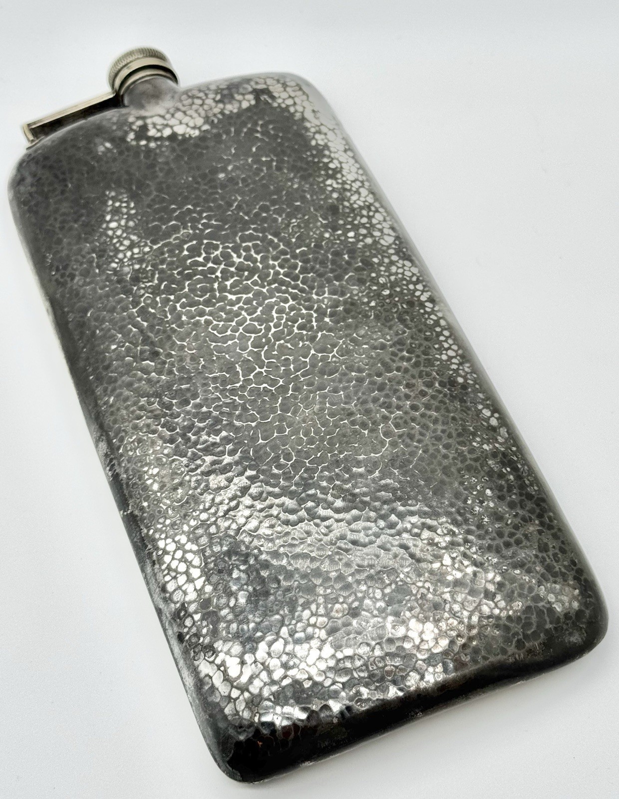 Antique E & J Bass Silver Plated Hammered Hip Flask Art Deco