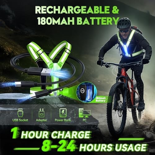 LED Reflective Running Vest - Rechargeable, High Visibility, Adjustable Size for