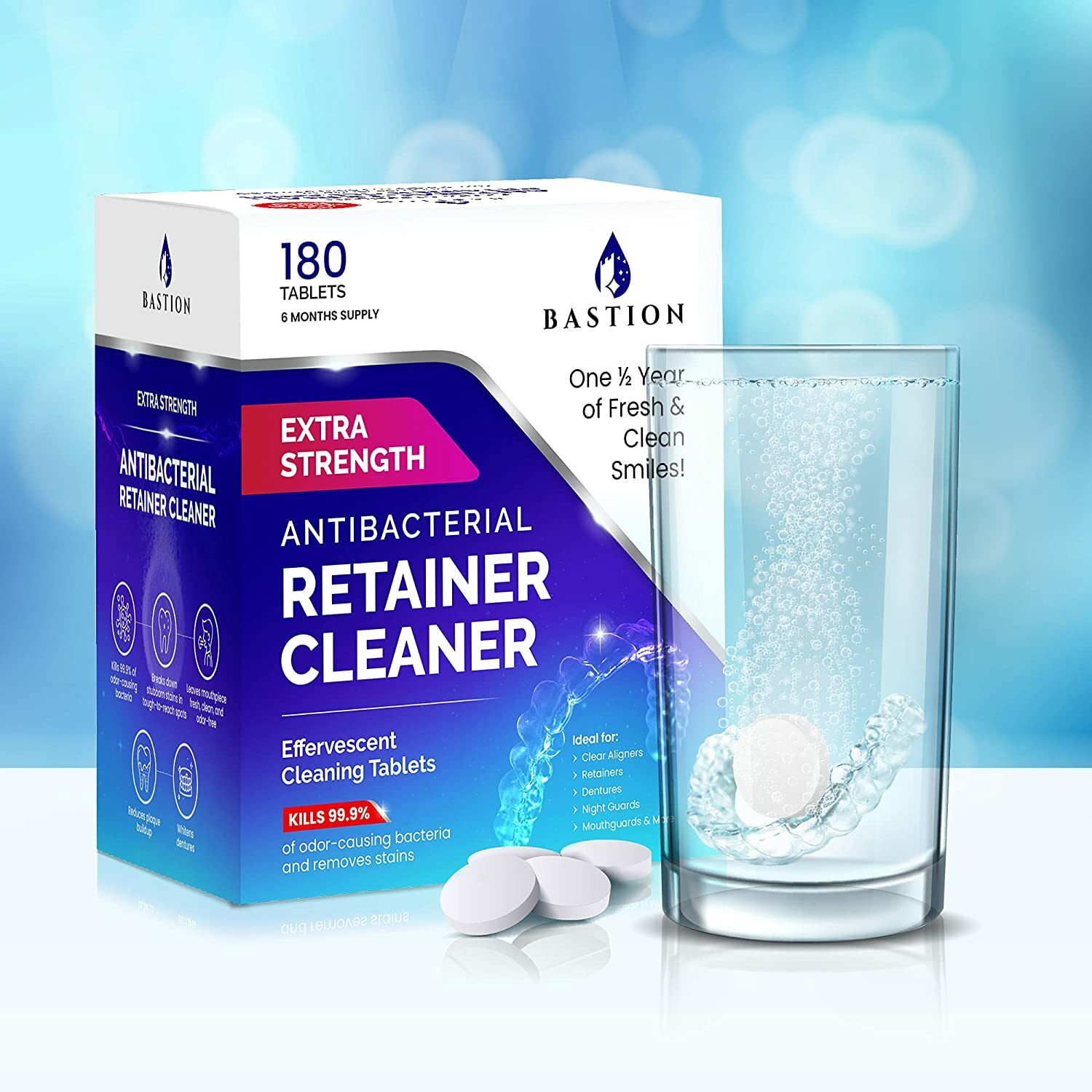 Retainer Cleaner & Denture Cleanser (180) Tablets by Bastion (6-Month Supply)