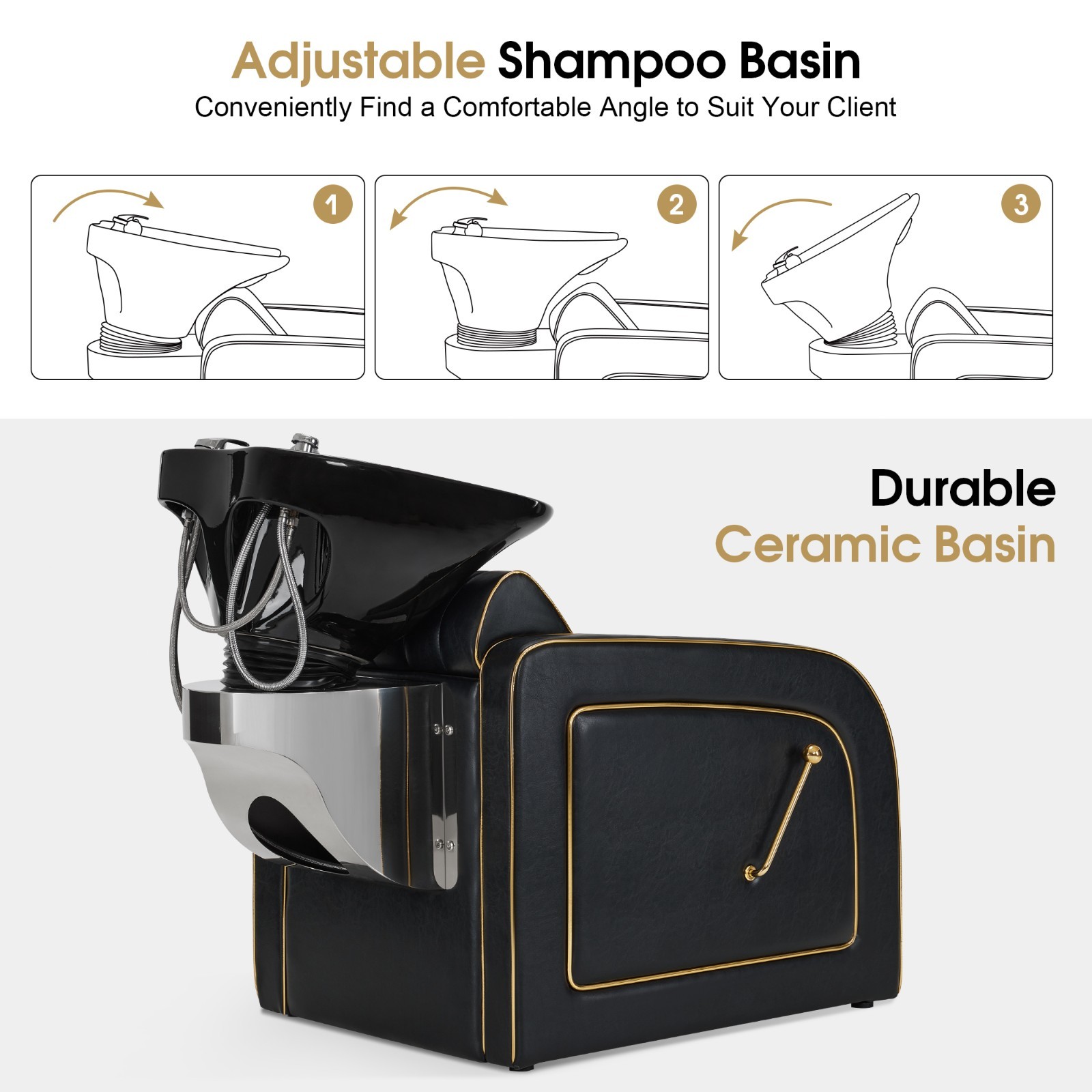 BarberPub Backwash Shampoo Station Chair, Salon Ceramic Hair Wash Bowl 9175