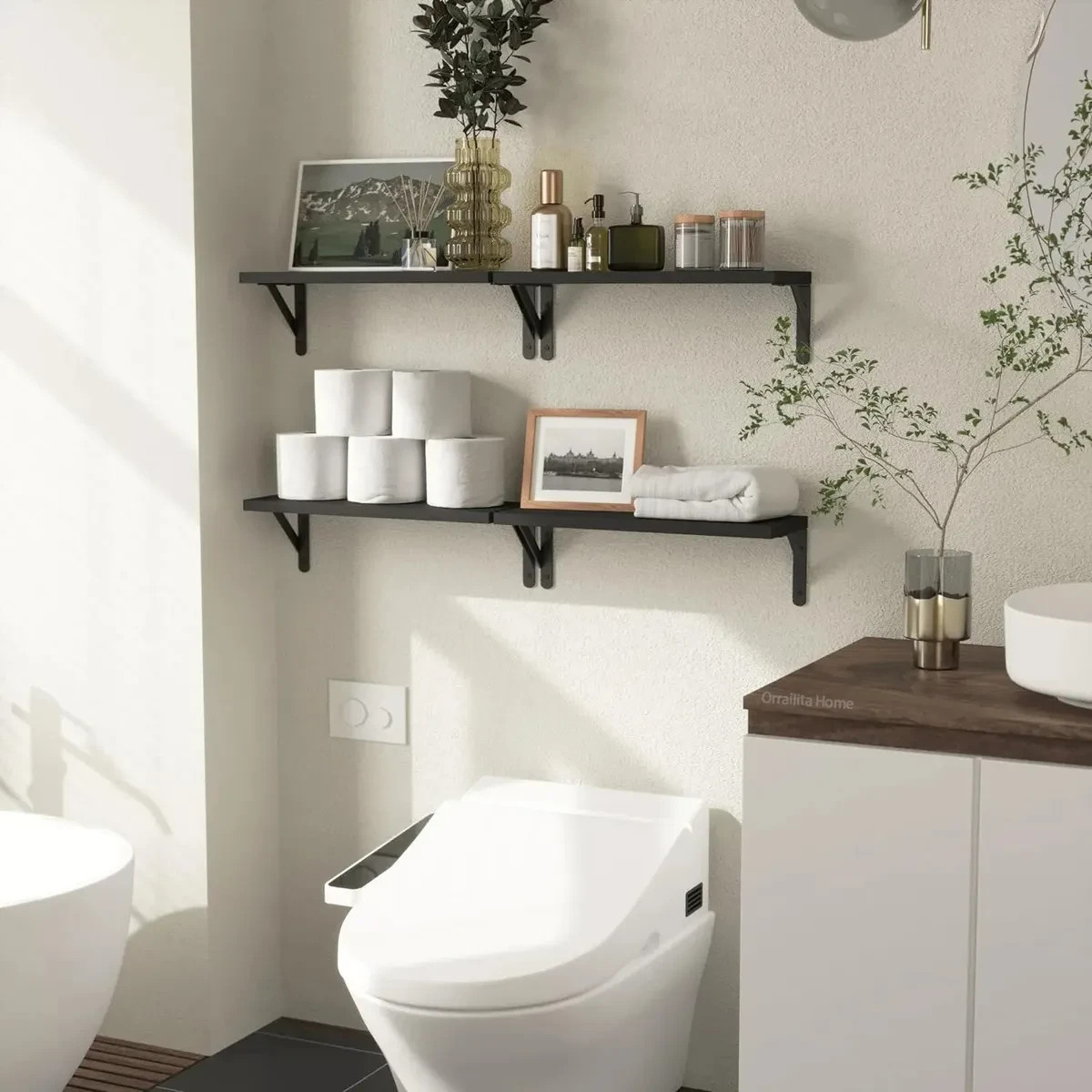 4 Minimalist Wooden Floating Shelves for Home Decor, Black - NEW