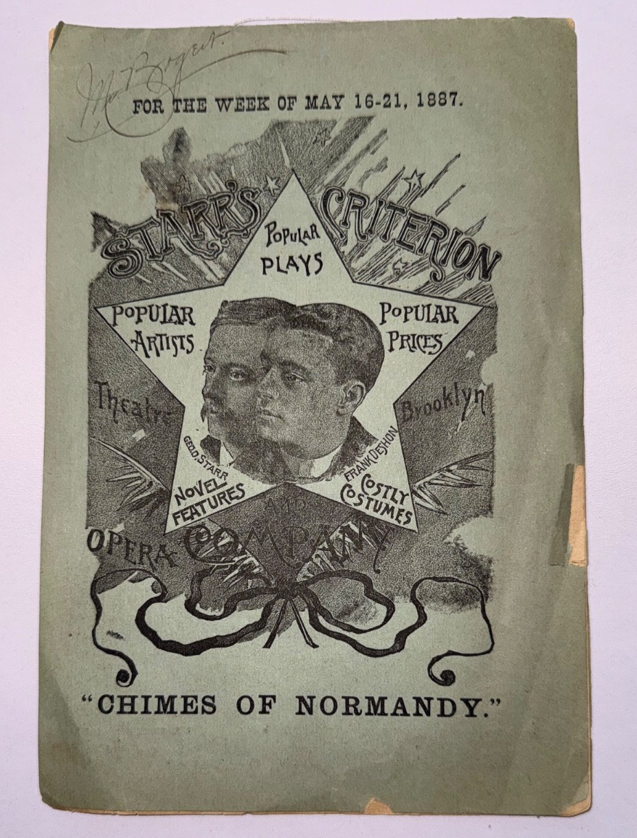 RARE 1887 CRITERION THEATRE PROGRAM CHIMES OF NORMANDY AT FULTON & GRAND AVENUE
