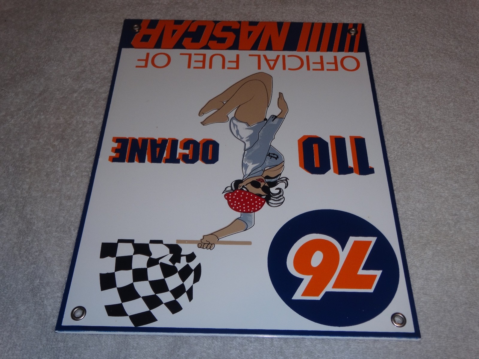 VINTAGE UNION 76 GASOLINE WOMAN +RACING FLAG 12" PORCELAIN METAL NASCAR OIL SIGN
