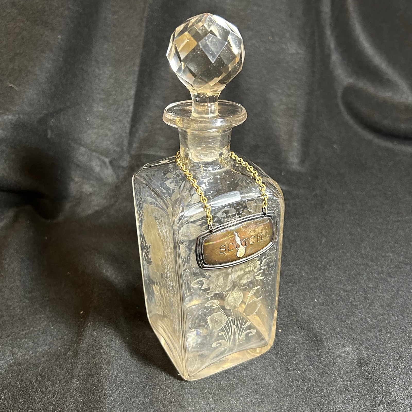 Antique Edwardian Etched Crystal Decanter “Scotch” Silverplate Plaque England