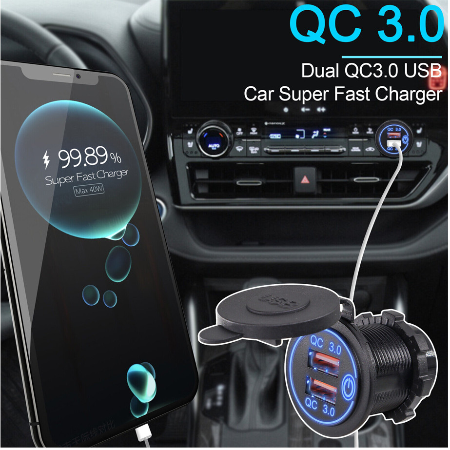 12V Car Cigarette Lighter Socket Dual QC 3.0 USB Port Charger Power Outlet LED