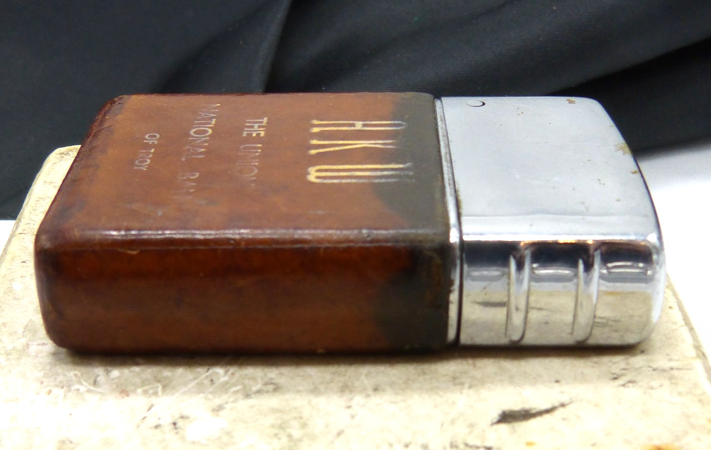 Vintage Wind Master Advertising Lighter Union National Bank Troy NY - Leather