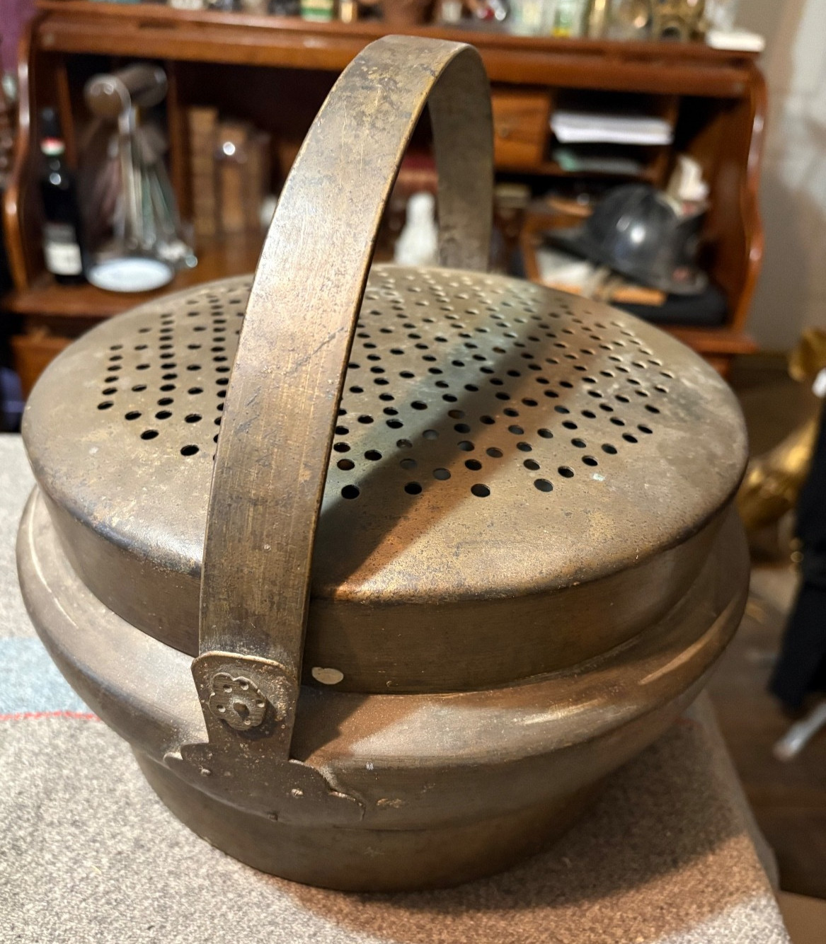 Antique Chinese bronze Hand Warmer w. lid & Handle 11" x 6"