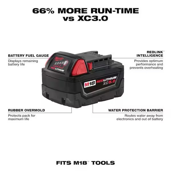 Milwaukee 48-11-1850 M18 XC 5.0 AH 18 Volt Capacity Battery 2 PACK 48-11-1852