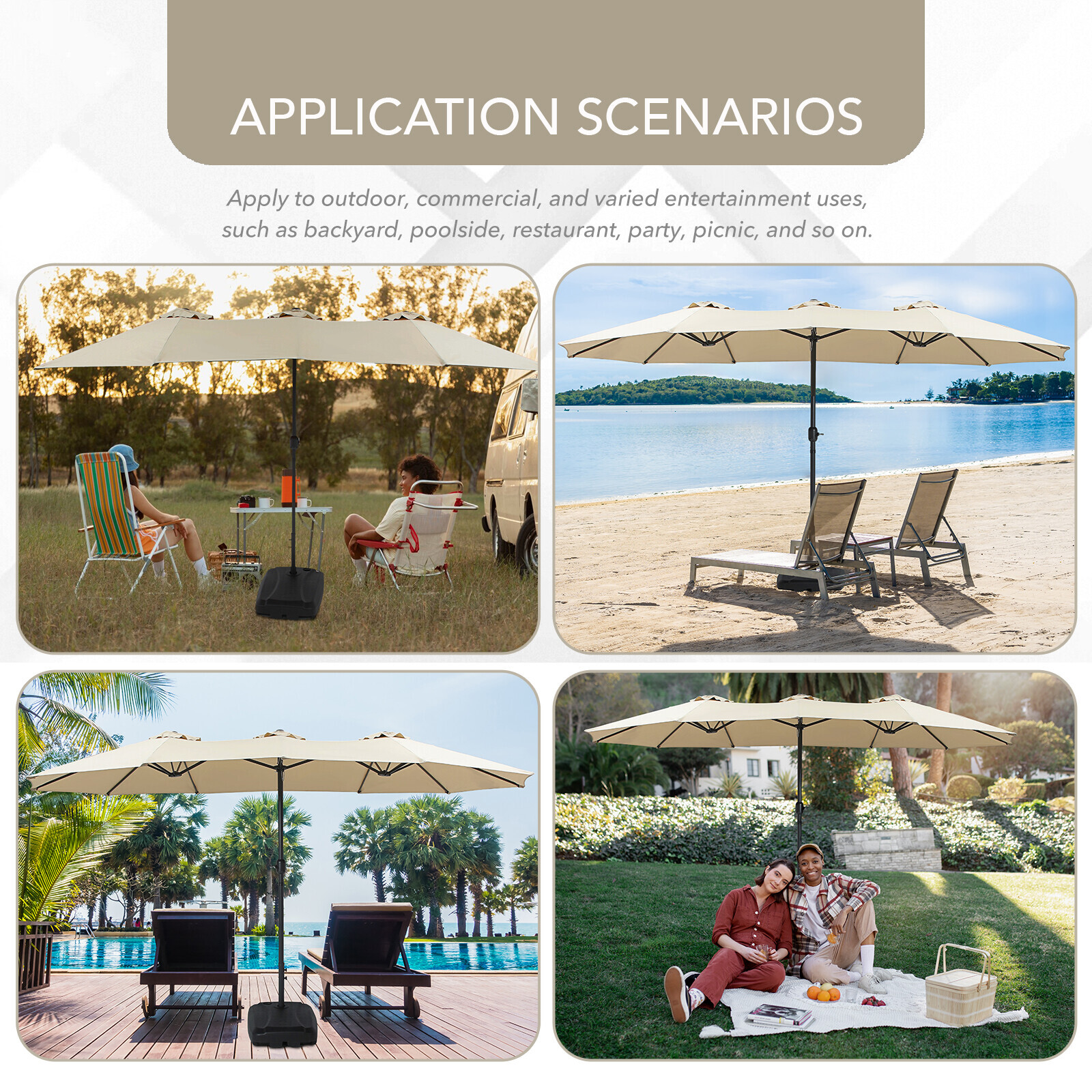 15FT Double-Sided Outdoor Sun Shade Backyard Patio Umbrella Beige w/ Crank Base