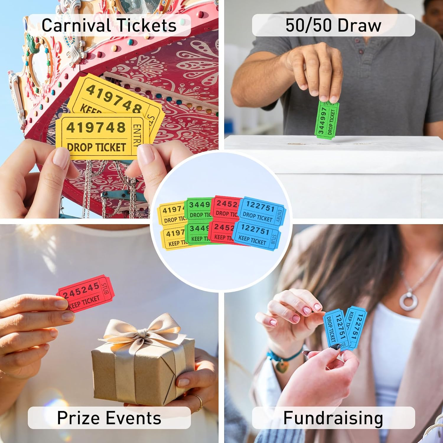 2000 Pcs 50/50 Raffle Tickets, Large Bold Numbers Double Tickets, 2"X2" Ticket f