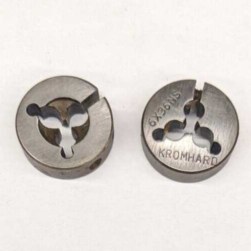2 Kromhard Round Dies 6-36 NS 13/16" OD Screw Adjustable Die Carbon Steel USA