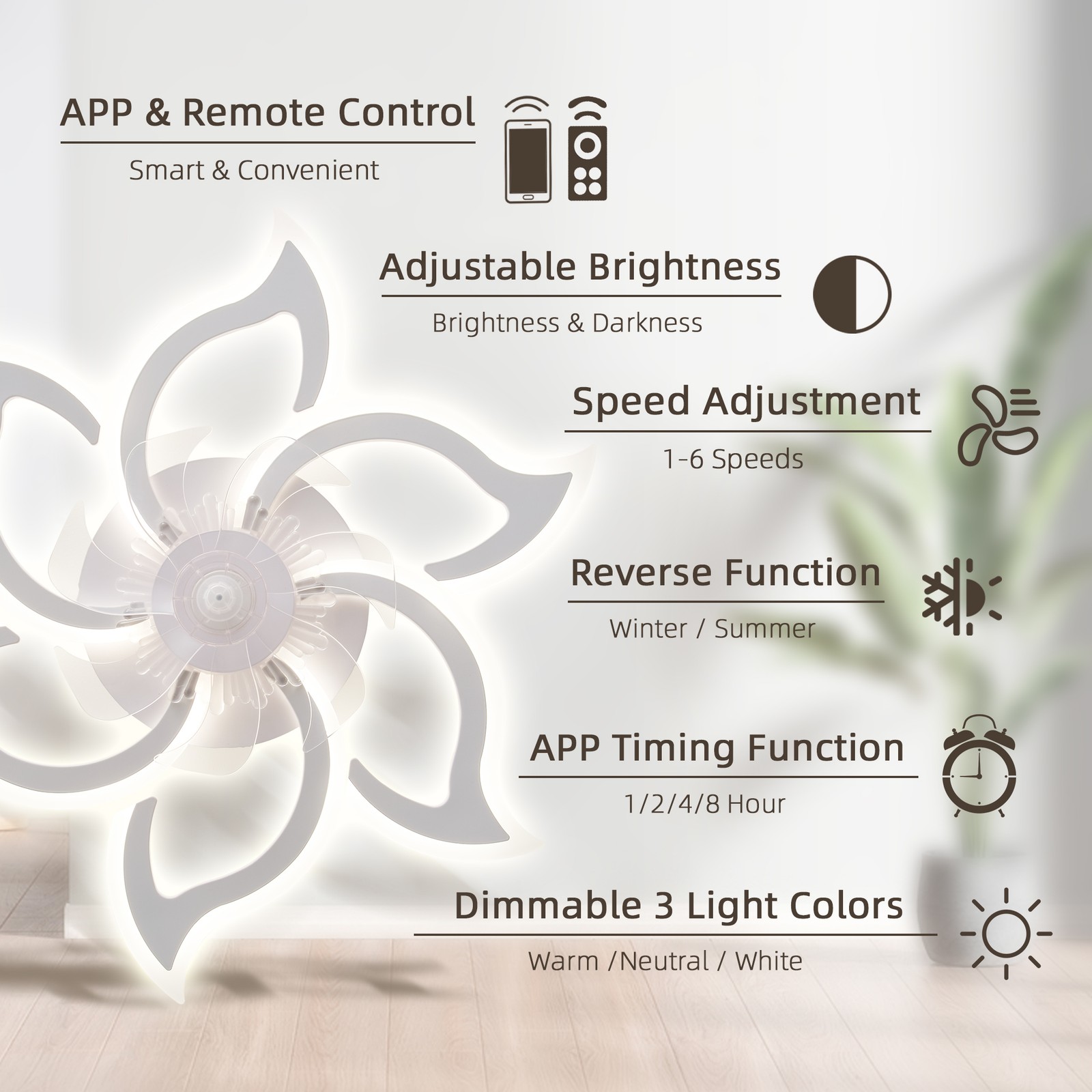 33'' Modern Flower Ceiling Fan with LED Light Flush Mount Remote APP Control Kit