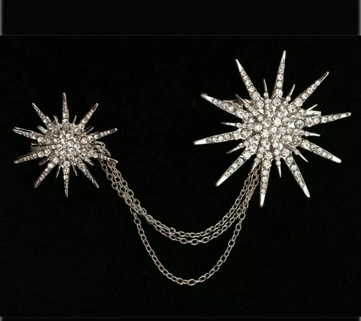 Vintage Style Art Deco Celestial Astrology Crystal Star Brooch Pin & Chain Set