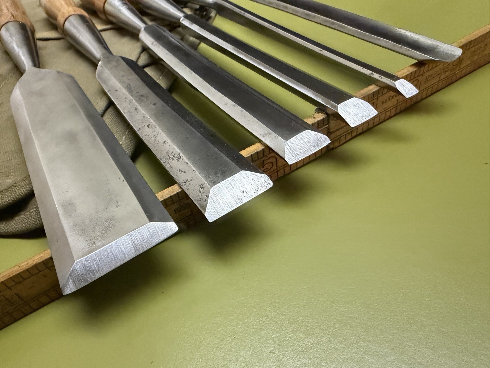 SUPERB 6-pc Set PEXTO vtg Socket Chisels w/MATCHING Handles & CANVAS TOOL ROLLUP