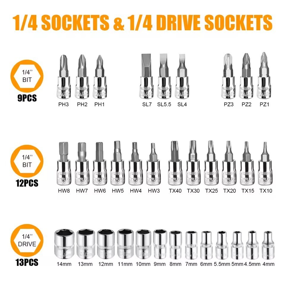 46pcs 1/4"Drive Socket Set Ratchet Wrench Set Car Tool Kit,Bit Mechanic Tool Set