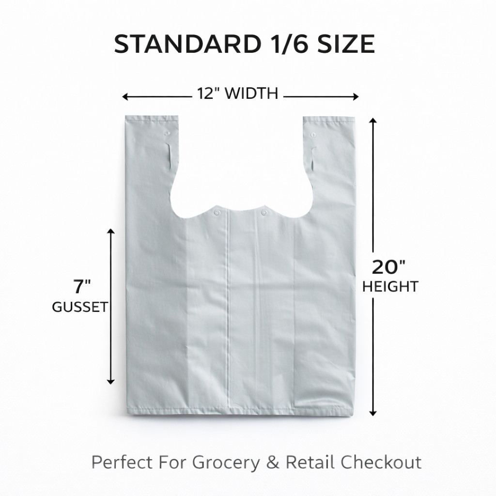 Gray Plastic Grocery T-Shirt Bags 12x7x20 2.25 Mil Reusable Extra Heavy Duty
