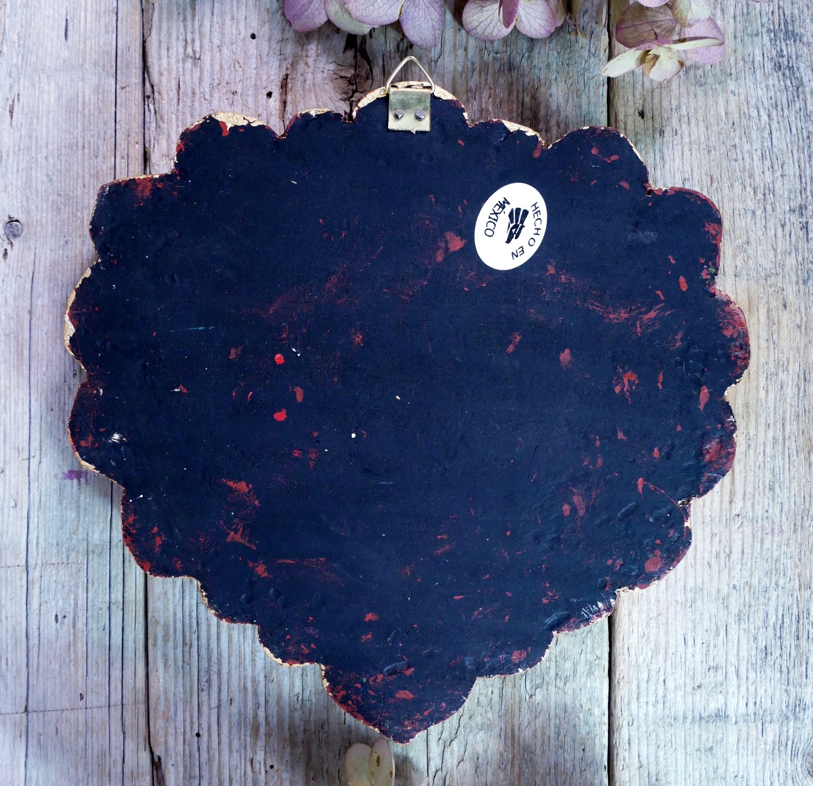 Heart With Gold Baby Feathers Milagros Wood Handmade Mexican Folk Art Love Token