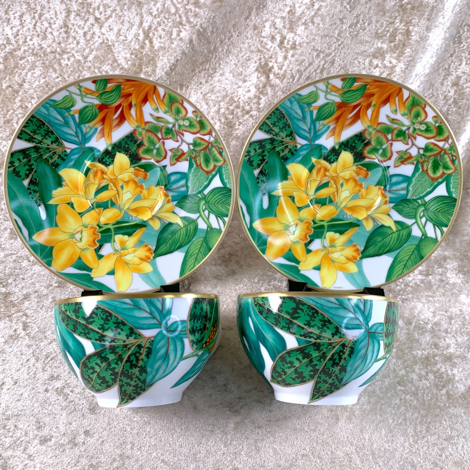 Hermes Large Breakfast Morning Soup Cup & Saucer Passifolia Porcelain 2 Sets