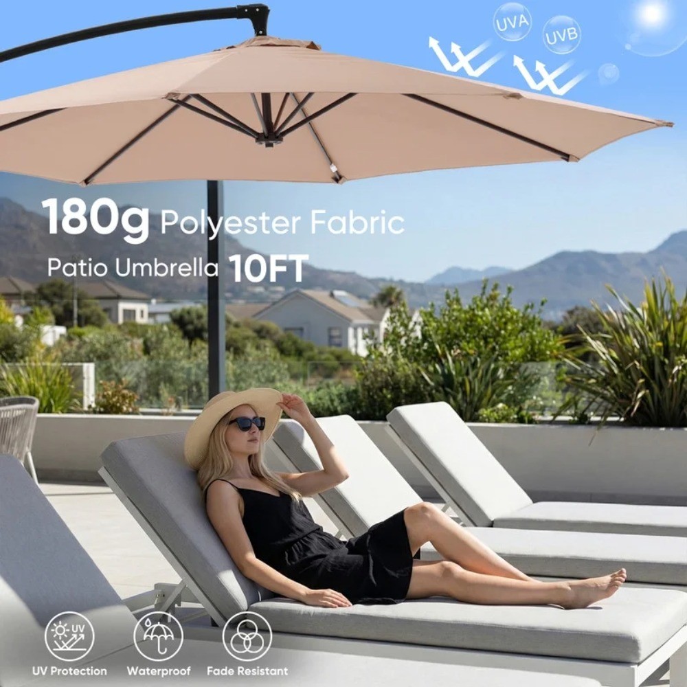 10ft Offset Hanging Patio Umbrella with Aluminum Stand, 8 Ribs, Khaki