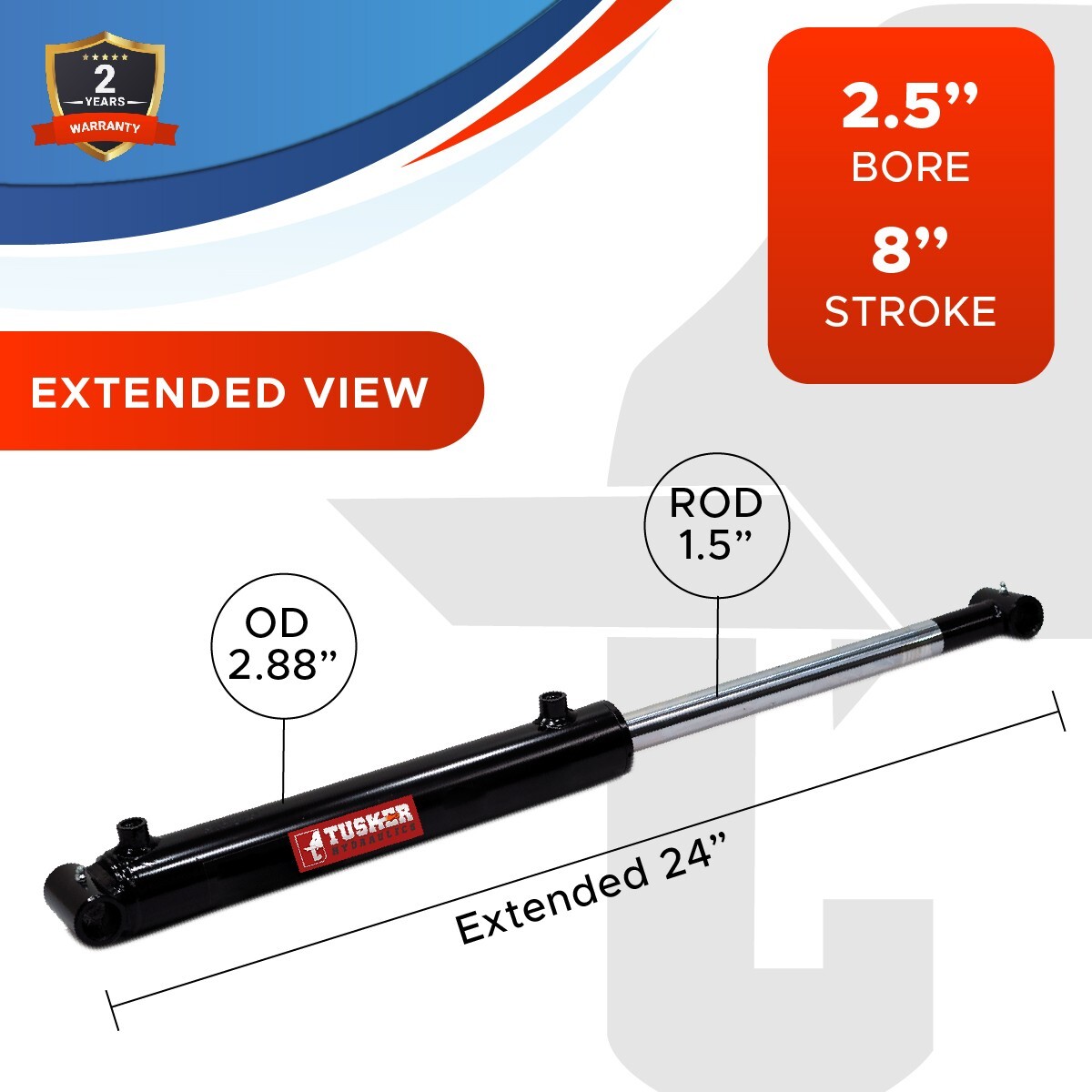 2.5x8 Hydraulic Cylinder 2.5" Bore 8" Stroke Double Acting Welded Cross Tube