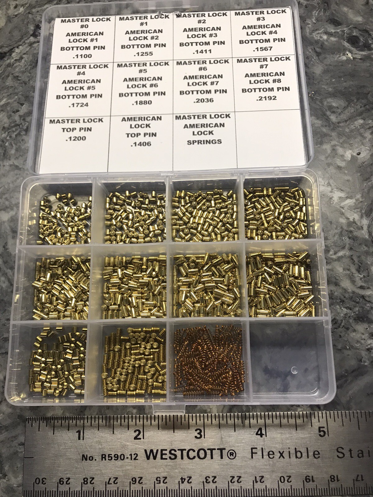 Bottom Pin Rekeying Kit For Master and American Padlocks. Has 75 Pins each size