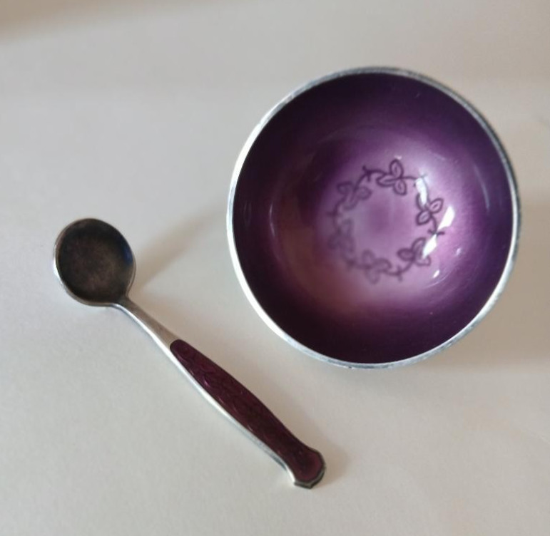 Meka Denmark PURPLE Enamel Sterling Silver Salt Cellar and matching Spoon