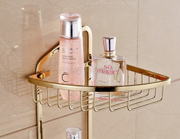 Gold Color Brass Corner Shower Caddy 2 Tier Bath Storage Shelf Rack Basket
