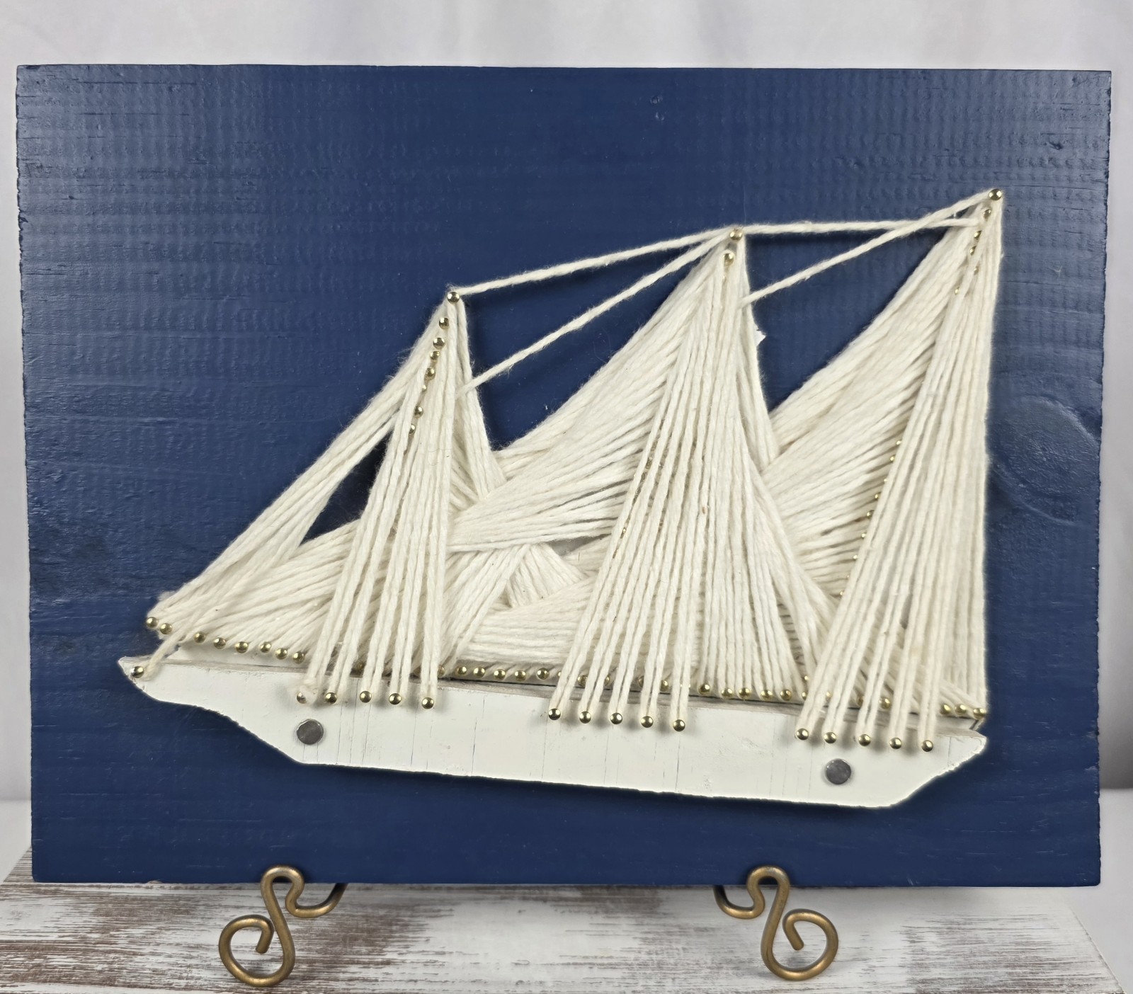Vintage Handmade String Art Ship/Boat On Wooden Blue Plaque Nautical Decor