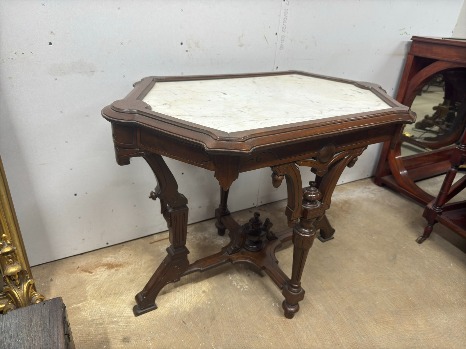 antique Rennaissance revival Victorian walnut parlor center table marble 1870