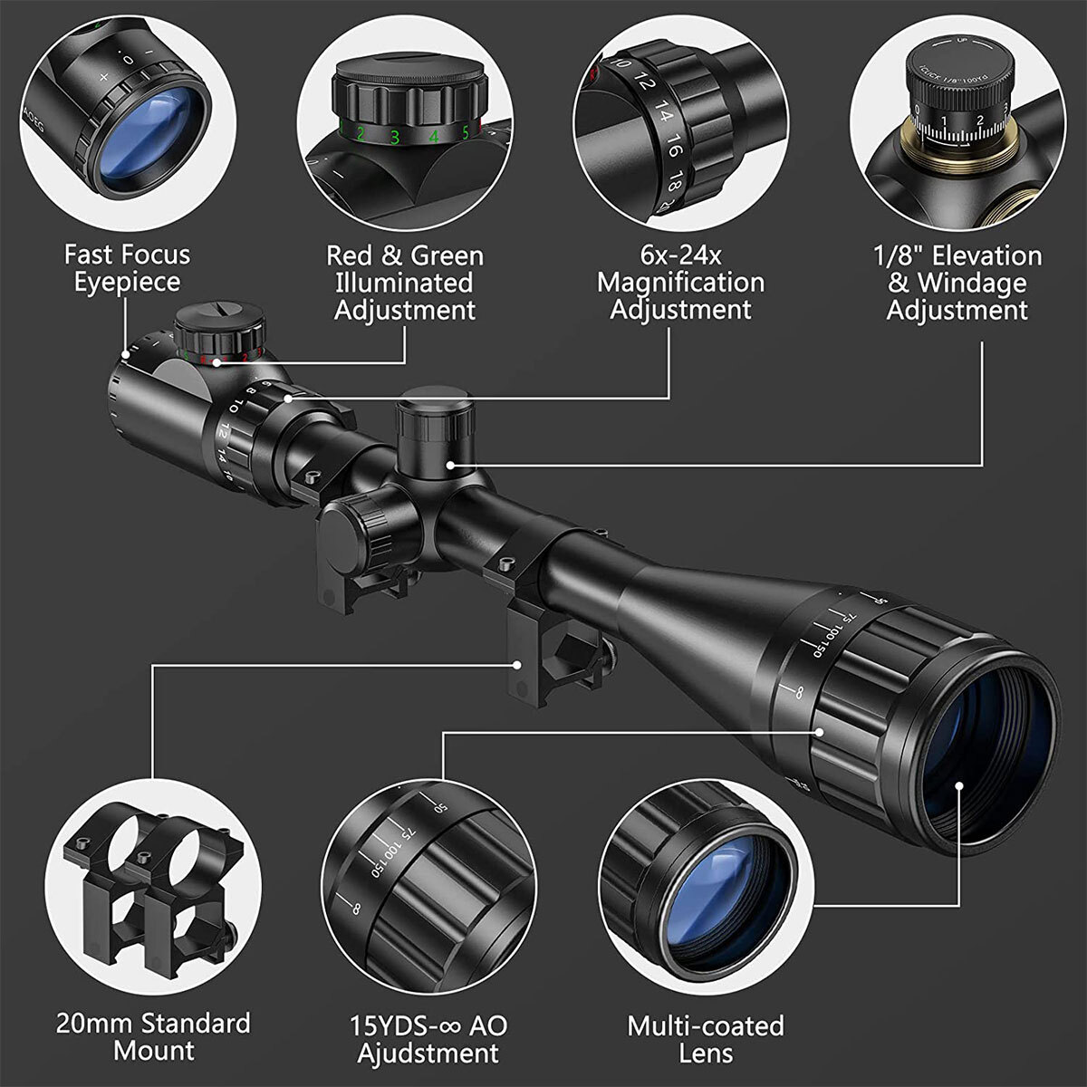 6-24x50 Hunting Rifle Scope Rangefinder Iilluminated Reticle Optics AirGun Scope