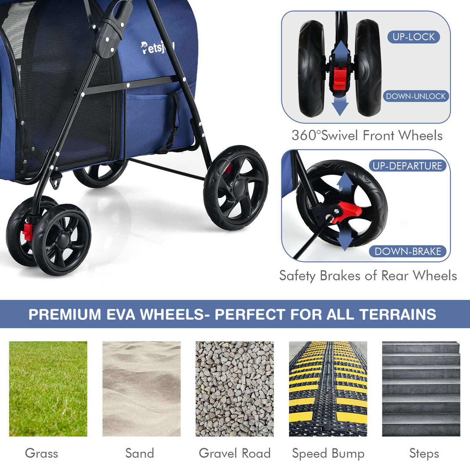 4-in-1 Double Pet Stroller w/ Detachable Carrier Travel Carriage for Cats Blue