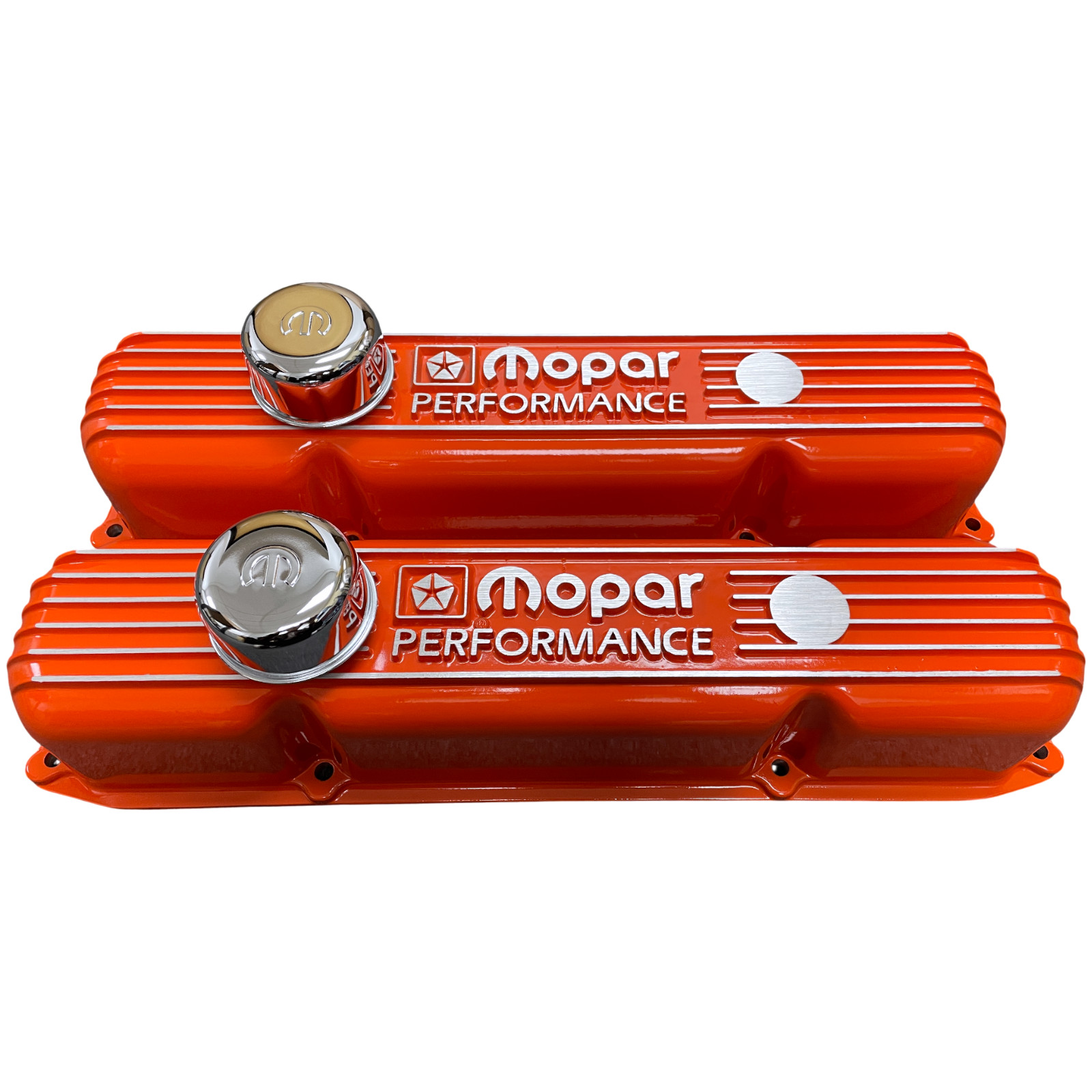 NOS Mopar 383 400 440 ORANGE Die-Cast Aluminum Valve Covers W/ Logo Breathers