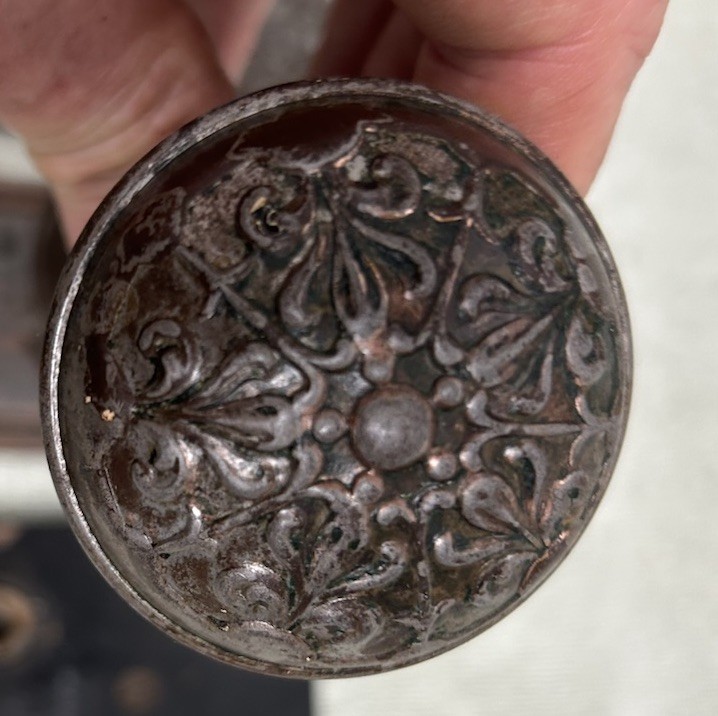 Antique Victorian Metal Door Knob Set With Mortise & Backplates