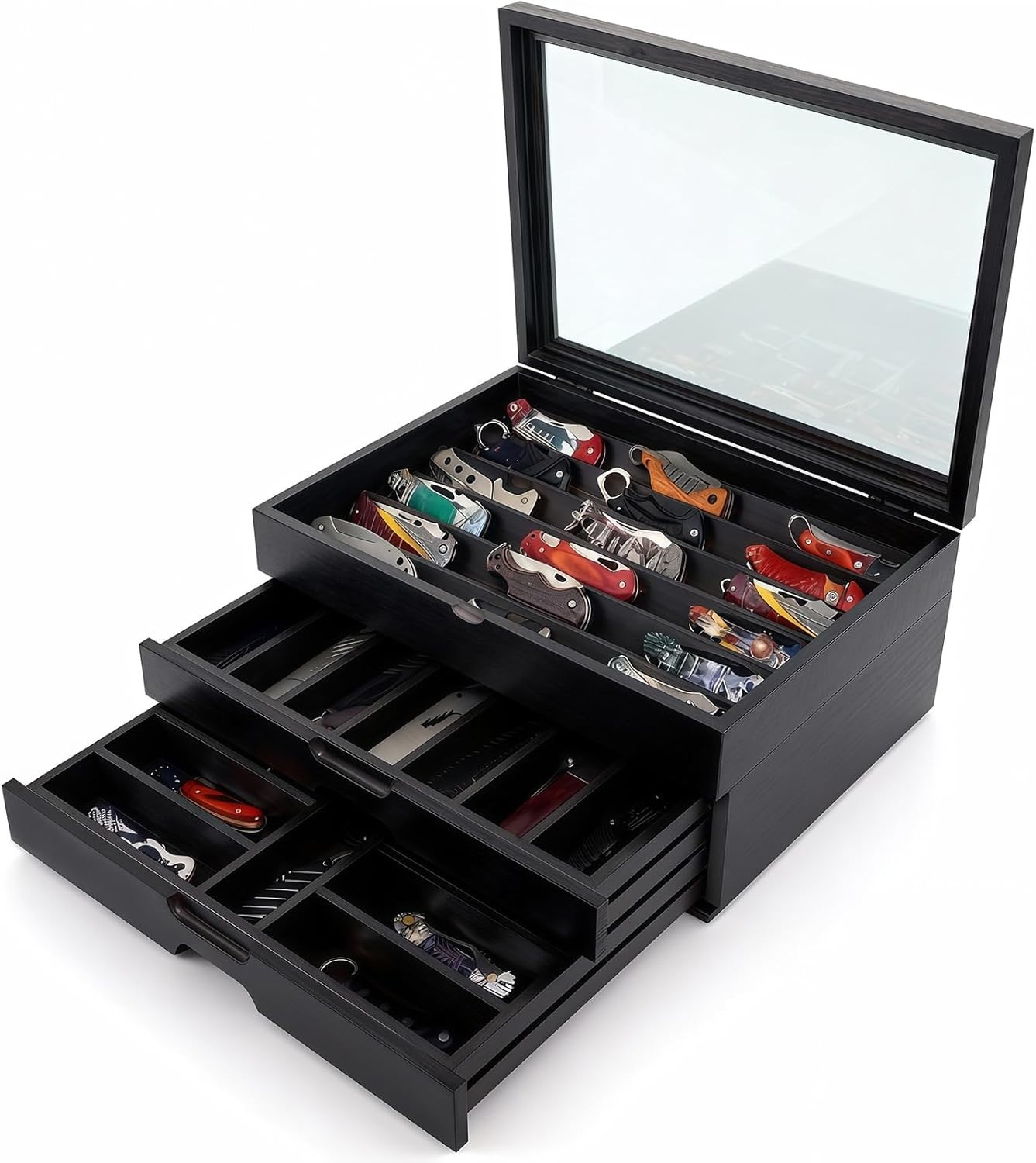 Knife Display Case 43+ Wood Black EDC Pocket Knives Watch Organizer Storage Box