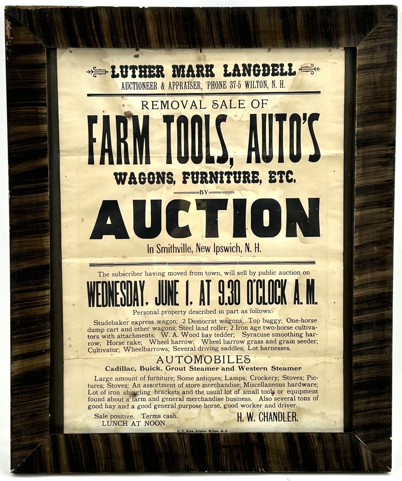 Antique Circa 1912 NEW HAMPSHIRE Auction Advertising Poster Tiger Striped Frame