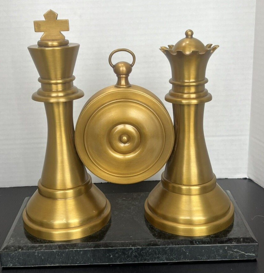 Maitland Smith CHESS SET Mantle Shelf Desk Clock with Marble Base King Queen