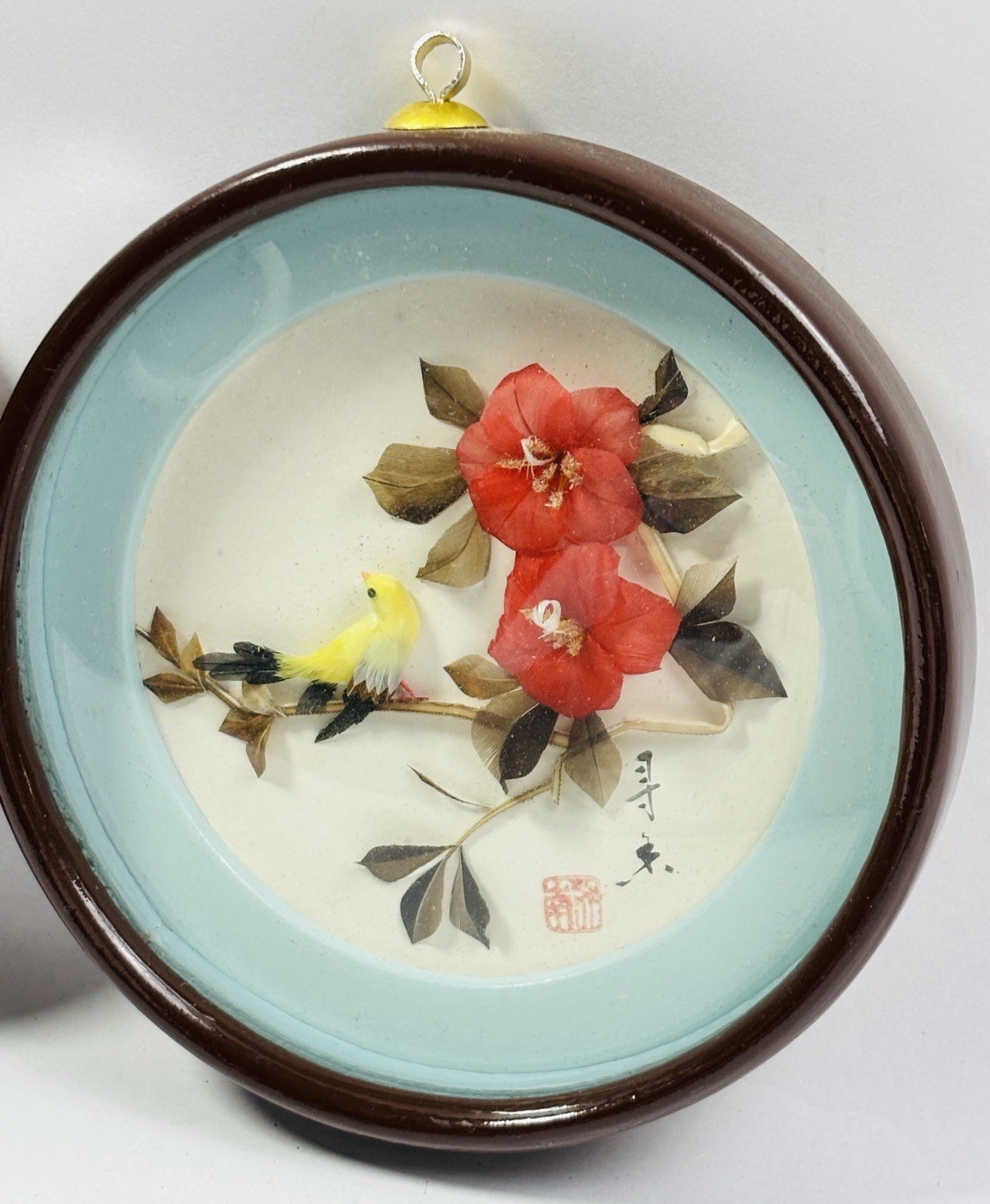 Lot of 2 Vintage Chinoiserie 3D Bird Feather Art Shadow Boxes