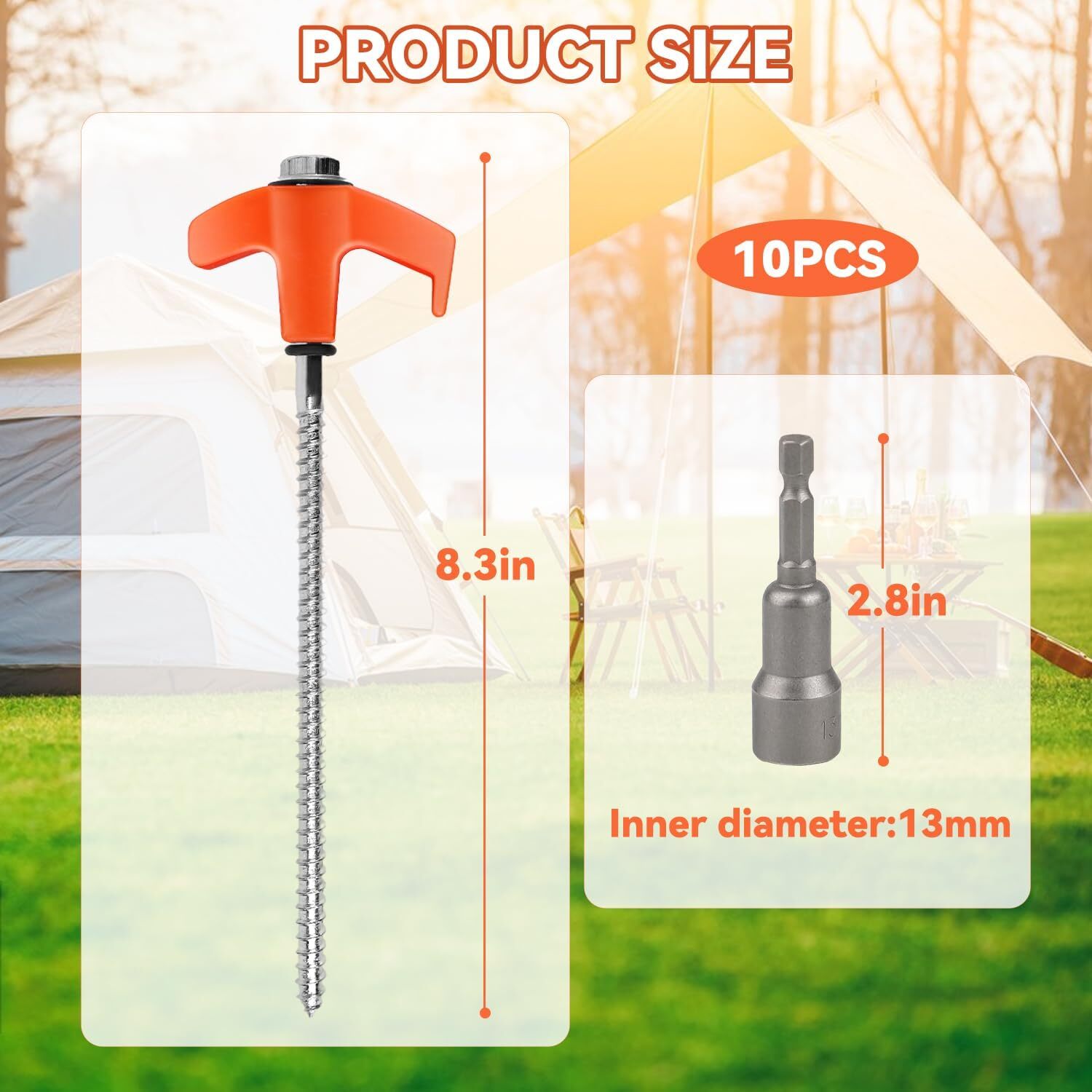 10 Pcs 8 Inch Screw in Tent Stakes Tent Pegs Heavy Duty, Camping Stakes