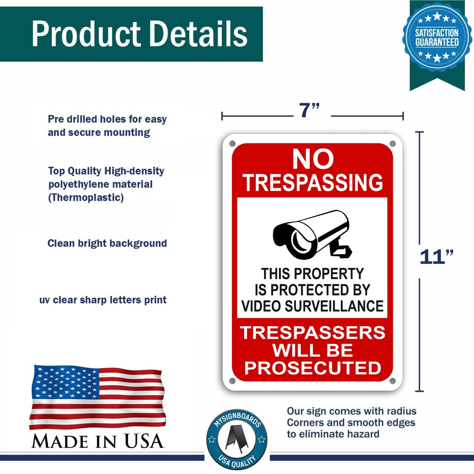 Property Protected By Video Surveillance Warning Security Camera Sign cctv 7x11"