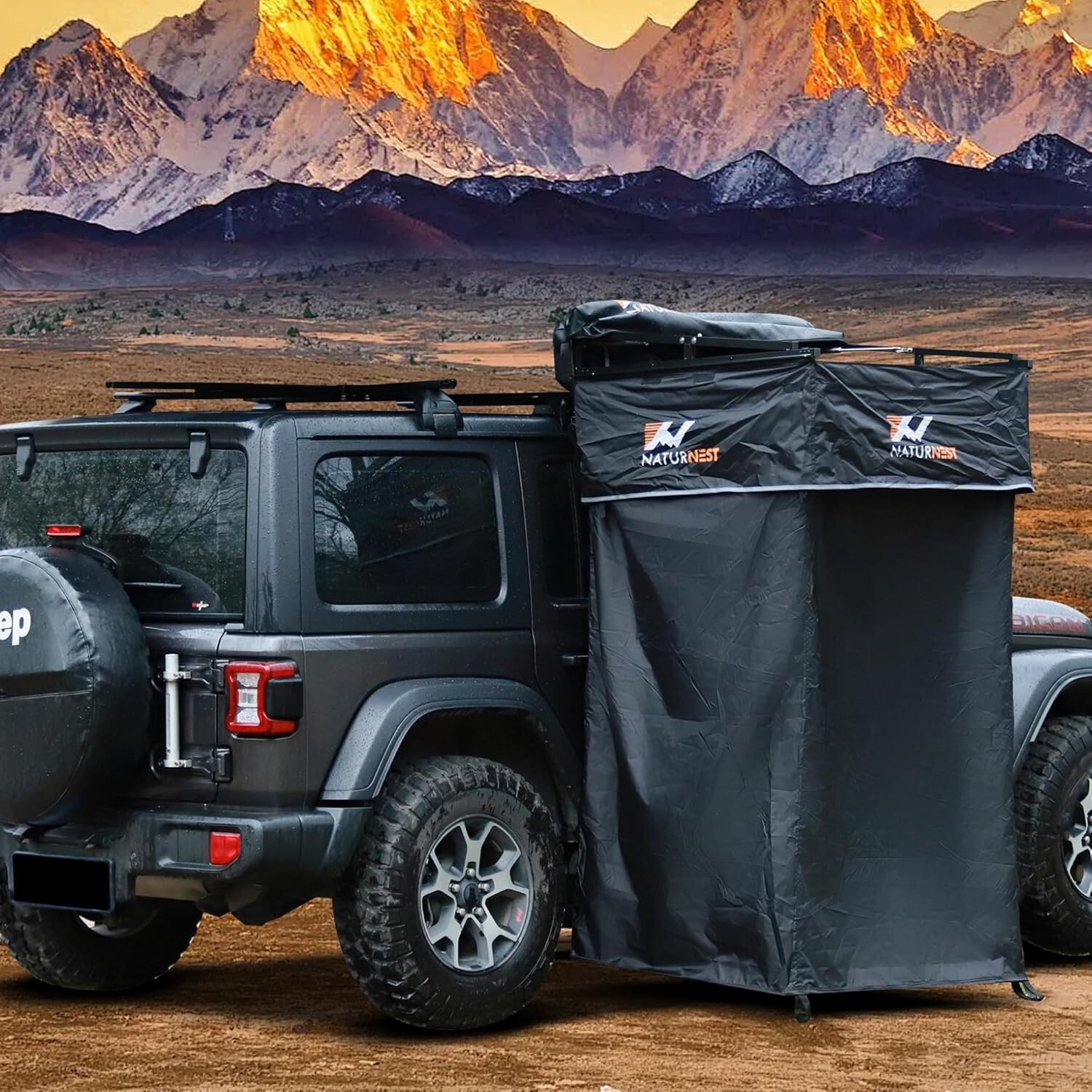 Naturnest Car Camping Shower Tent Overland Shower Awning with Roof LED Floor Mat